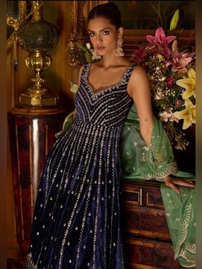 Sleeveless Navy velvet Embellished Maxi Dress by lashkaraa